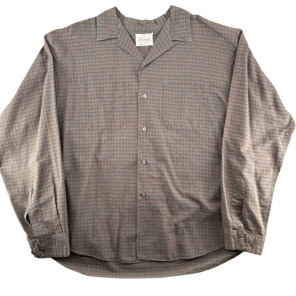 Vintage 1950s Norris Casuals Loop Collar Camp Shirt Men's XL Plaid Rockabilly
